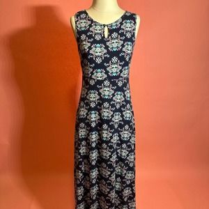 Talbots Navy Blue Floral Sleeveless Knit Jersey Maxi Dress Women’s Size S